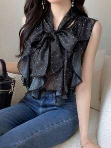 FRIFUL Women's Summer Polka Dot Sleeveless Bow Tie Neckline Casual Versatile Blouse - Black - View 4