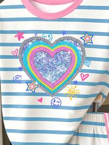 Girls' Fresh Premium Blue & White Striped Contrast Pink Glitter Colorful Heart Pattern Basic Short T-Shirt & Shorts Set, Casual Everyday Outfit - Multicolor - View 6