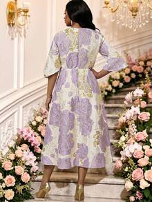 Fleurora Spring Summer Autumn Winter Elegant Formal Commuting Office Evening Party Wedding Cocktail Party Purple Scoop Neck Ball Gown Flared Plus Size Dresses - Purple - View 2