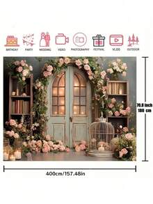1pc Vintage Wooden Arch & Floral Fabric Backdrop, Spring Pink Rose, Wedding Portrait Photography Background With Wooden Vase & Books, Ideal For Photo Shooting - multicolor - View 12