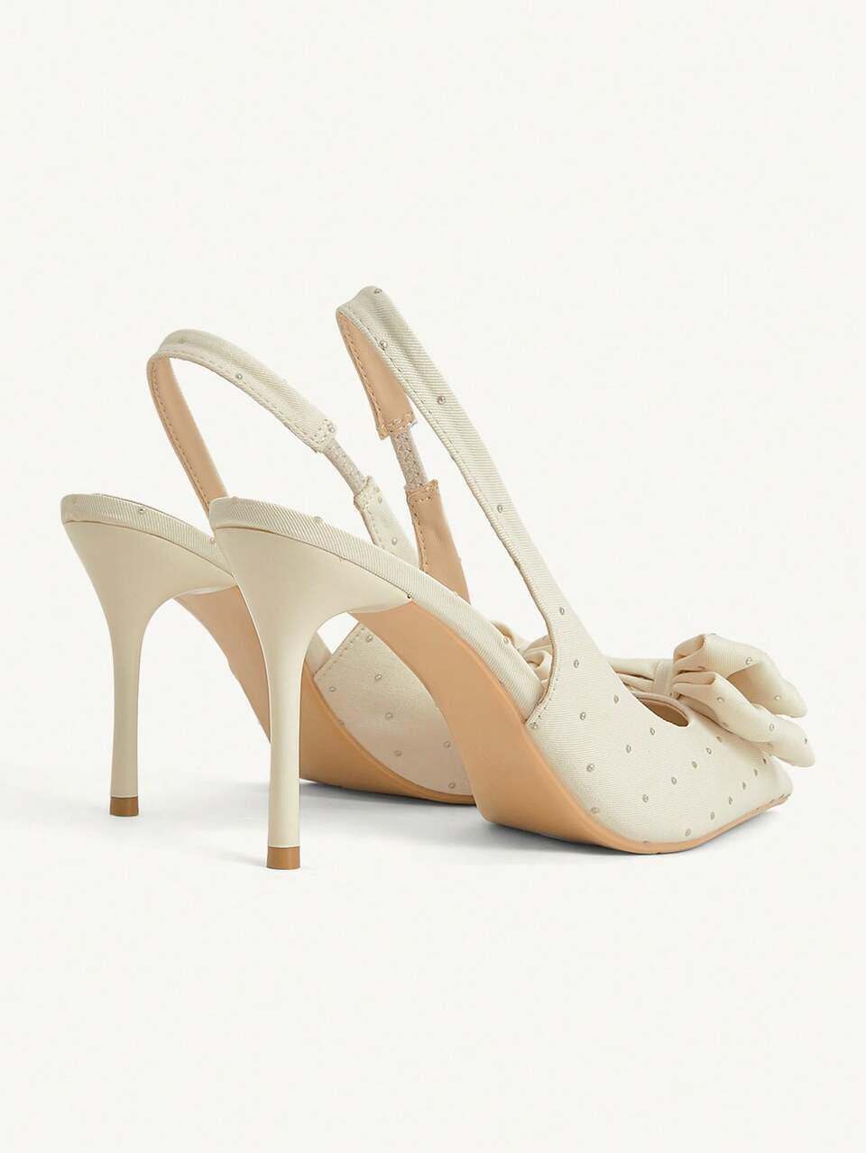CUCCOO CHICEST Women Shoes Spring And Summer New Women's High Heel Shoes Beige Bow Rhinestone Decoration Pointed Thin Heel Slingback Pedal Elegant Satin Solid Color Commuter Dating Valentine's Day Women's Shoes
