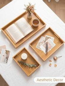 1pc Bamboo & Wood Platter In Various Sizes, Rectangular Tea Tray For Wooden Kungfu Tea Set, Cup Tray, Japanese Wooden Bread Plate, Serving Platter,Kitchen,Christmas Gift - Beige - View 9