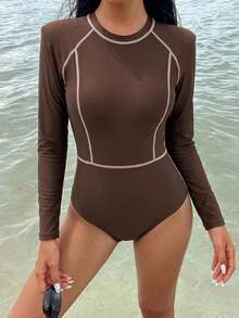 Livesso Baju Renang Terusan Wanita Lengan Panjang Raglan Kasual untuk Liburan Musim Panas - Coklat - View 1