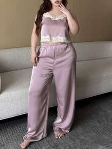 Dazy Plus Conjunto de 3 piezas de pijama romántico y elegante para boda con bata de satén, camisola de encaje con patchwork y pantalones largos, talla grande para mujer, primavera, verano y otoño - Rosa - Ver 8