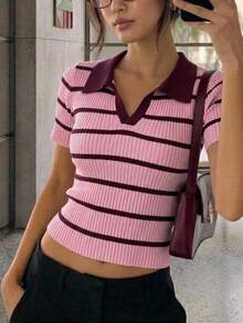 Aloruh 女士优雅粉色撞色条纹针织Polo衫,休闲通勤办公装 - 彩色 - 查看 2