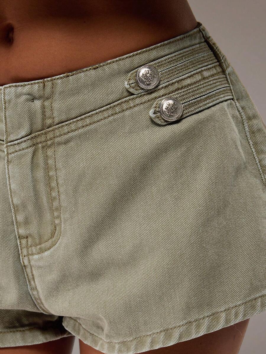 SHEIN BAE Women'S Waist Button Design Casual Denim Shorts Vacation Outfits - Army Green - View 1