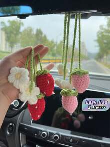 2Pcs Woven Strawberry Car Hanging Pendants, Cute Handmade Ornaments For Auto Interior Decoration - one size fits all - View 1