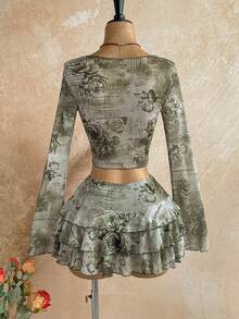 Soleia Conjunto de 2 piezas de blusa y falda casual para vacaciones de mujer - Verde militar - Ver 2