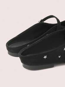 CUCCOO DOLLMOD Women's Shoes, Black Suede Square Toe Flats, Pentagram Embroidered Vintage Mary Jane Women's Shoes - Black - View 6