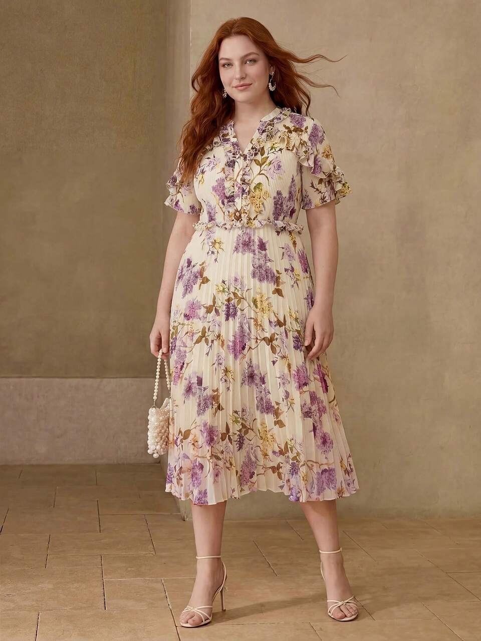 PLUS SIZE WOMEN V-NECK PLEATED FLORAL PRINT WAIST FLARE ROMANTIC DRESS, SPRING/SUMMER