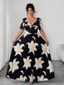 SHEIN Clasi Women's PlusSizeBlack Apricot Lily Pleated ReversibleOff‑ShoulderMaxi Dress. Floralgown For Weddings, Dates, Proms, Parties Ideal For Various Holidays - Black - View 4