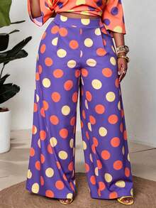 Maweii Plus Size Women's Dopamine High Saturation Color Block Polka Dot Drape Wide Leg Pants, Slimming Straight Leg Long Pants, Summer Vacation Casual Floor-Length Pants - Purple - View 3