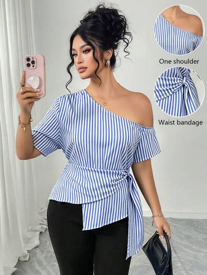 Elenzga Plus Size Women Summer Stripe Single Shoulder Wrap Top Elegant Outgoing Daily Wear Holiday