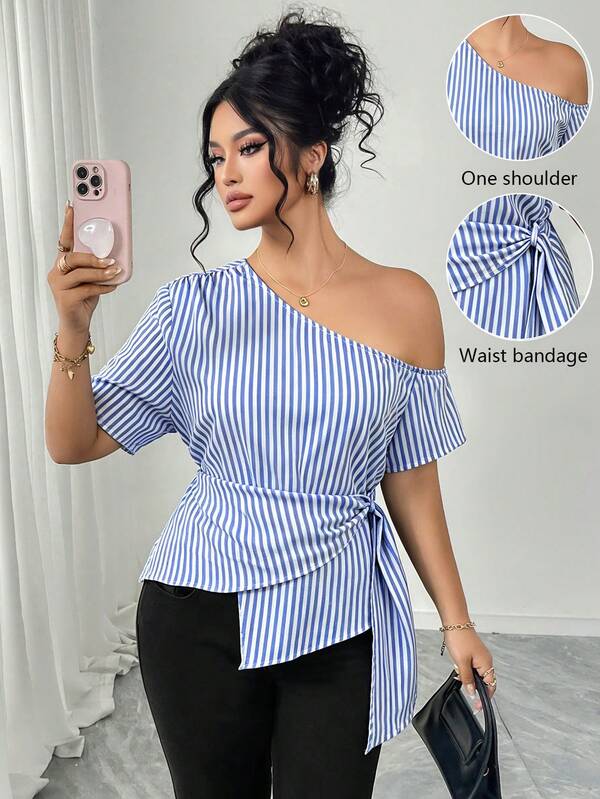 Elenzga Plus Size Women Summer Stripe Single Shoulder Wrap Top Elegant Outgoing Daily Wear Holiday