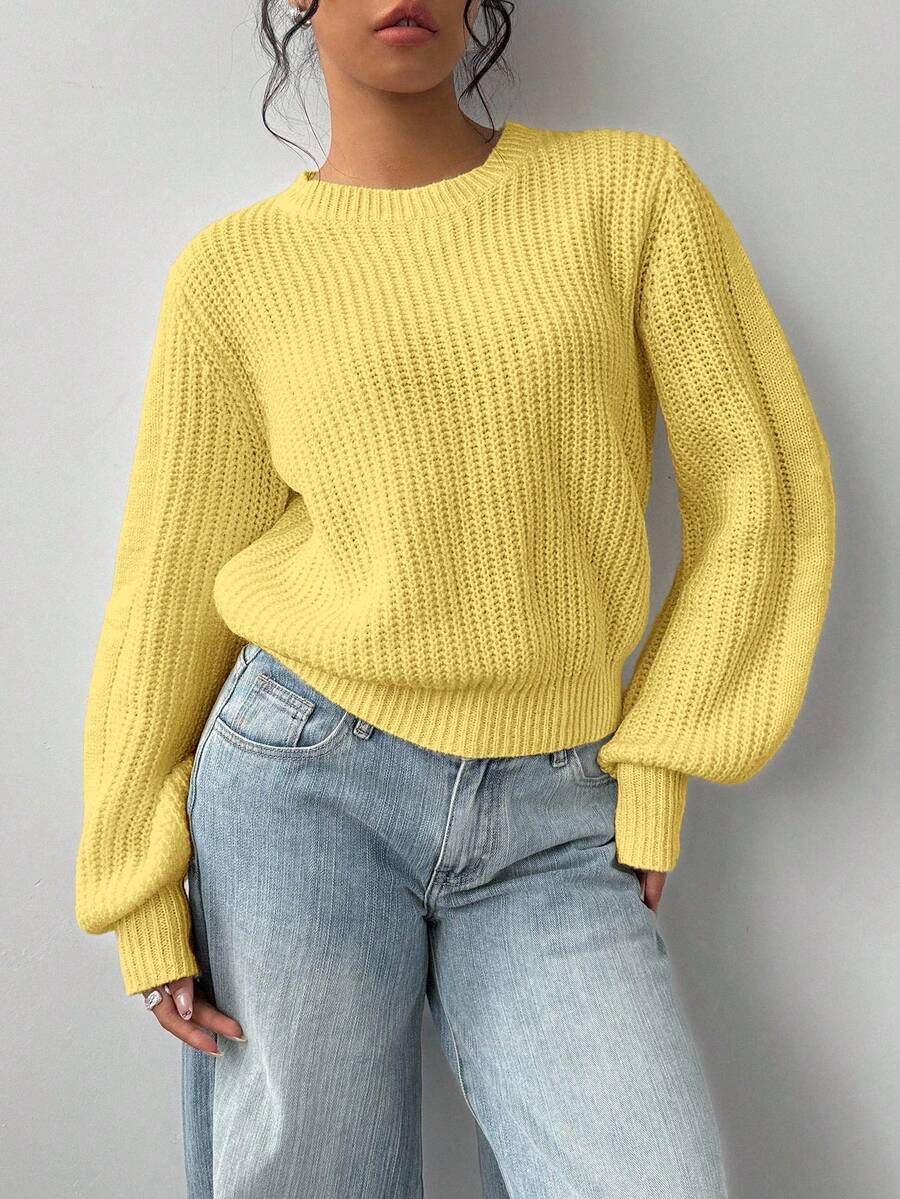 SHEIN BASICS 女款休閒百搭純色針織衫,秋冬款 - Butter Yellow - 查看 1