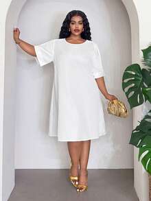 Slaydiva Plus Size Women's Tunic Dress, Solid Color Rolled Short Sleeve Loose Shift Dress, Business Casual Daily Commute Curvy Mini Dress Holiday White Summer - White - View 7