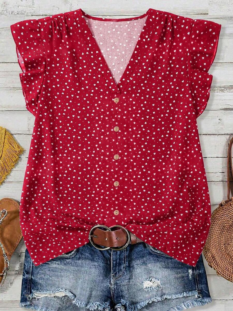 SHEIN Clasi Women's Summer Floral V-Neck Cap Sleeve Blouse,Summer Top - Red - View 1