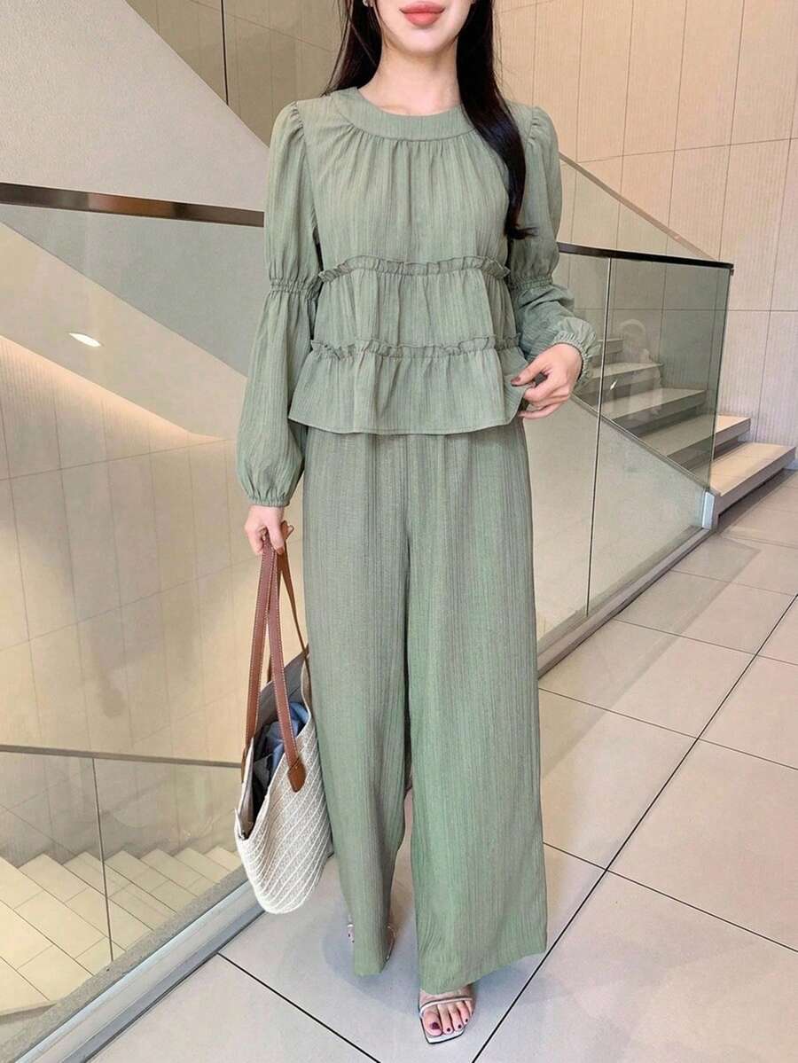 DAZY 女款 2 件套:圓領長袖寬鬆上衣 & 高腰寬腿長褲,夏秋居家休閒套裝 - 綠色 - 查看 1