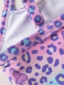 SHEIN Set Baju Renang Anak Perempuan Motif Leopard & Kupu-kupu, Motif Hewan, untuk Anak Perempuan Usia 7 hingga 10 Tahun, Set Bikini untuk Anak Perempuan yang Lucu - Purple - View 4