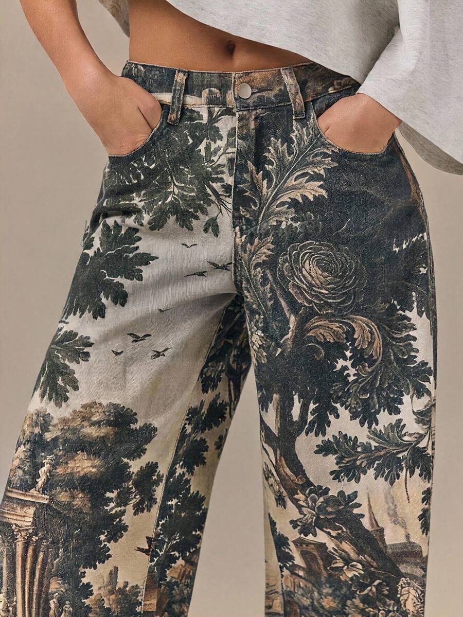 Athîral Denim 女士休闲哥特印花阔腿牛仔裤,适合约会、派对和街头穿着 - 彩色 - 查看 1