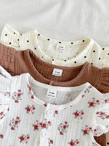 SHEIN Vintaside Kids 女嬰 6件/3套田園復古花卉與圓點圖案棕色圓領荷葉袖上衣搭配印花短褲套裝，適合日常穿著、外出、度假、春夏季 - 彩色 - 查看 4