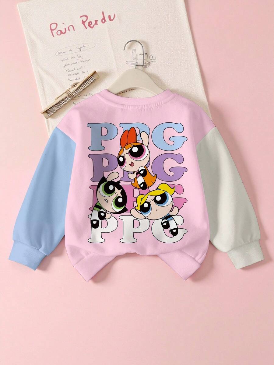 THE POWERPUFF GIRLS X SHEIN 女童休闲字母卡通图案撞色落肩宽松卫衣,秋季款 - 白色 - 查看 1