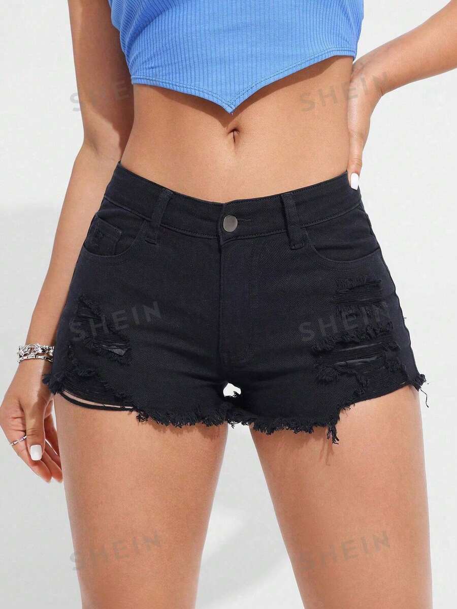 SHEIN ICON 大尺碼女款時尚百搭水洗磨損修身短褲 - 黑色 - 查看 1