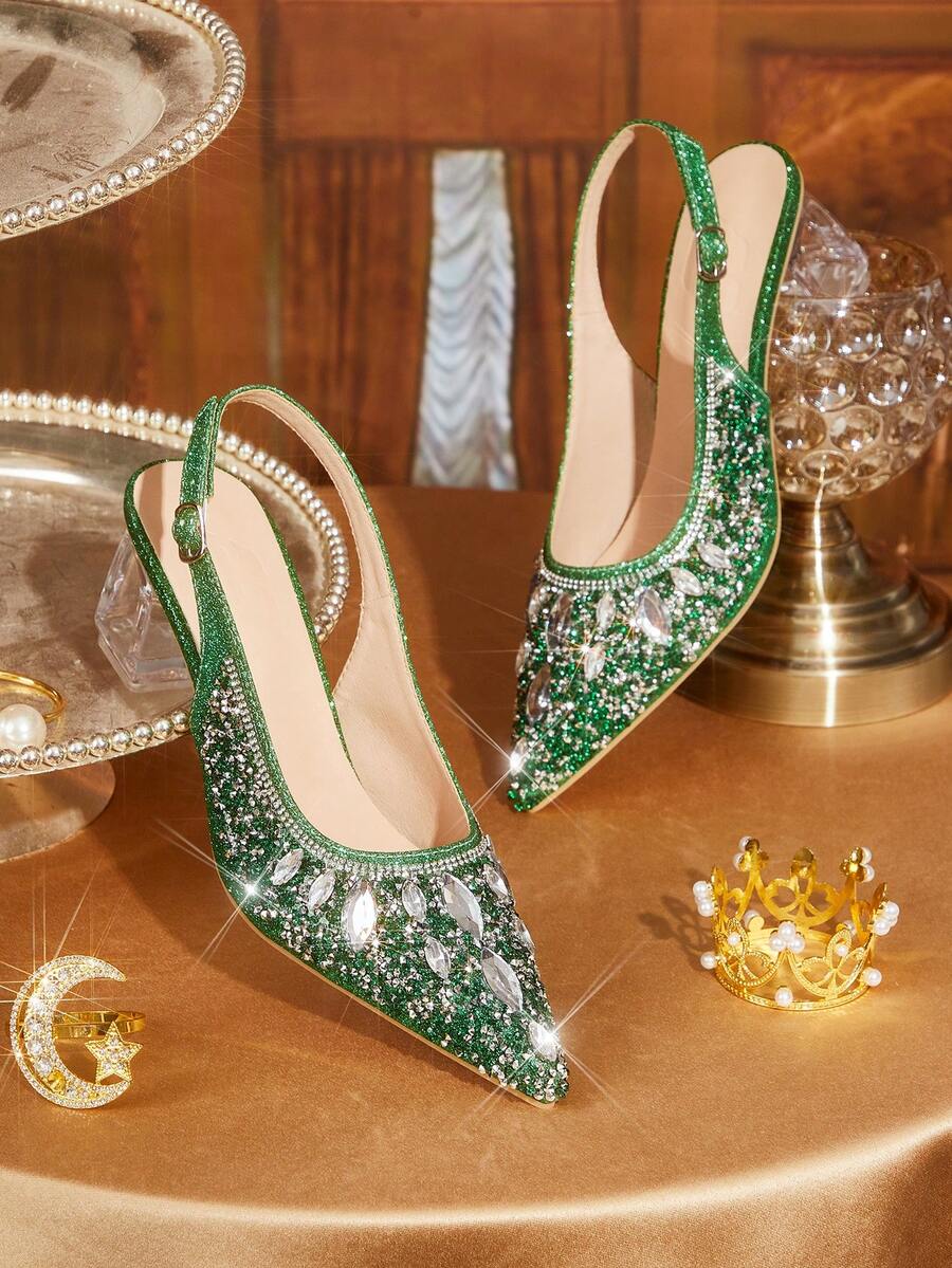 CUCCOO TILAWA Women's Crystal And Glass Rhinestone Pointed Green High-Heeled Shoes, Suitable For Going Out, Banquets, Parties And Other Activities - Green - View 1