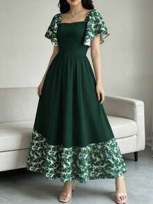 Modelyn 雏菊印花绿色海岸女士碎花连衣裙，时尚方领短袖连衣裙，下摆拼接荷叶边设计，夏季度假风连衣裙 - 彩色 - 查看 4