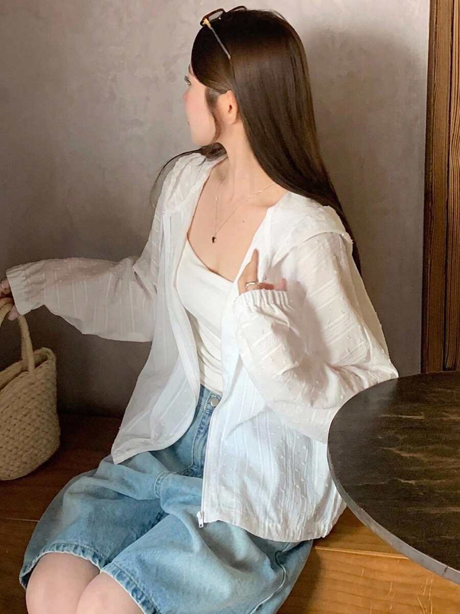 DAZY Women's Hooded Long Sleeve Loose Textured Fabric Lace Patchwork Casual Vacation Style Regular Jacket - White - View 1
