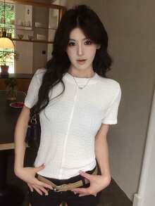 DAZY 女款純色圓領短袖休閒百搭T恤 夏季 - 白色 - 查看 6