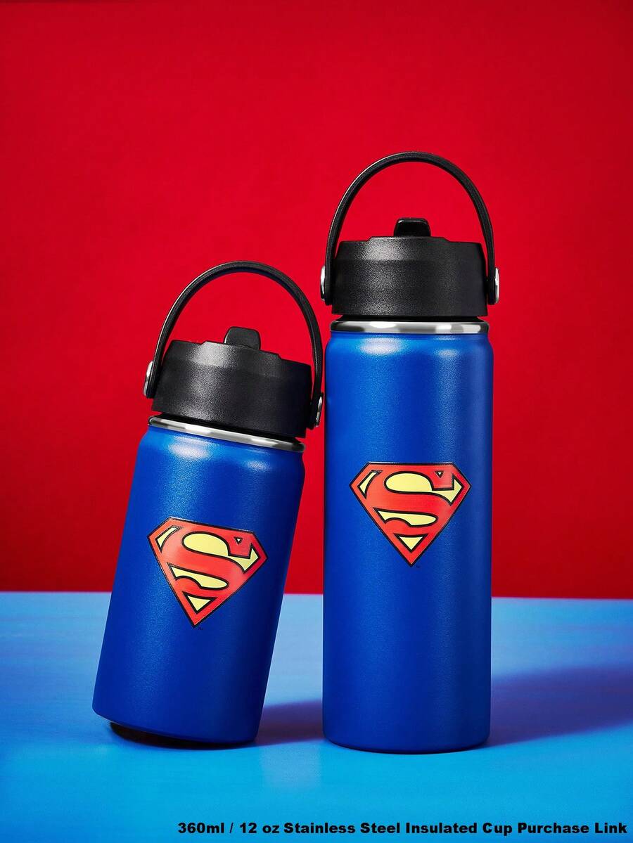 SUPERMAN X SHEIN 水瓶、印花、藍色真空保溫水瓶、水杯、附手持杯 - 藍色 - 查看 1