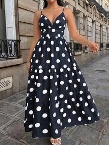 Vionelle Plus Size Women's French Casual Elegant Polka Dot Spaghetti Strap Dress Vacation Navy Blue Summer - Navy Blue - View 5
