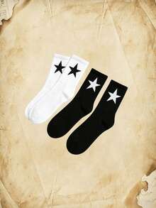 ROMWE Goth 2pairs Men Star Print Crew Socks - Two color black and white - View 4