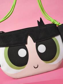 THE POWERPUFF GIRLS X SHEIN 卡通超級英雄女孩人造皮革斜背包，可愛角色設計單肩包，適合女孩與青少年的迷你側背包 - 黑色 - 查看 5