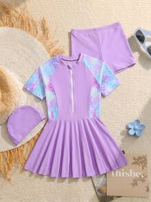 SHEIN Tween Girls 3-Piece Knit Mermaid Print Zip-Up Short Sleeve Top And Shorts Swimwear With Cap,Purple Suitable For Beach Vacation,Set - Purple - View 1