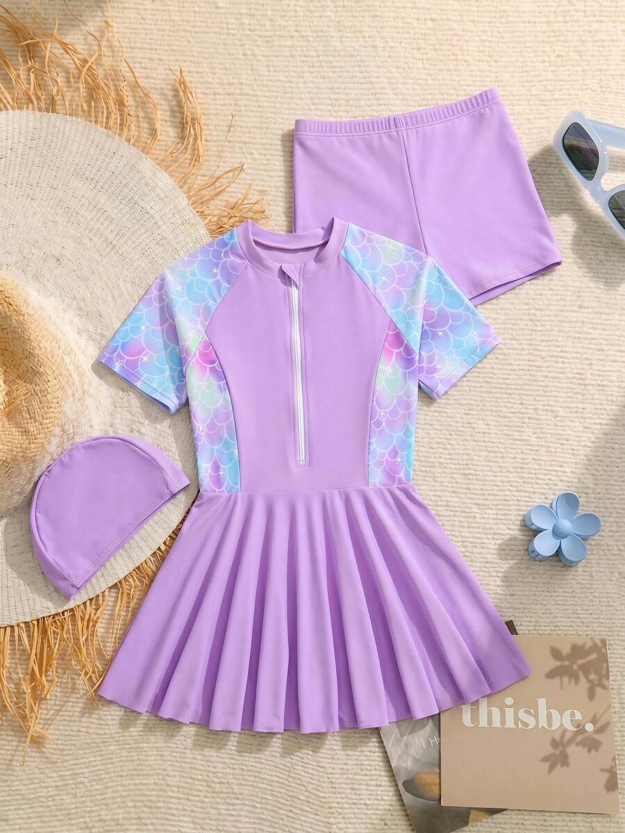 SHEIN Tween Girls 3-Piece Knit Mermaid Print Zip-Up Short Sleeve Top And Shorts Swimwear With Cap,Purple Suitable For Beach Vacation,Set - Purple - View 1