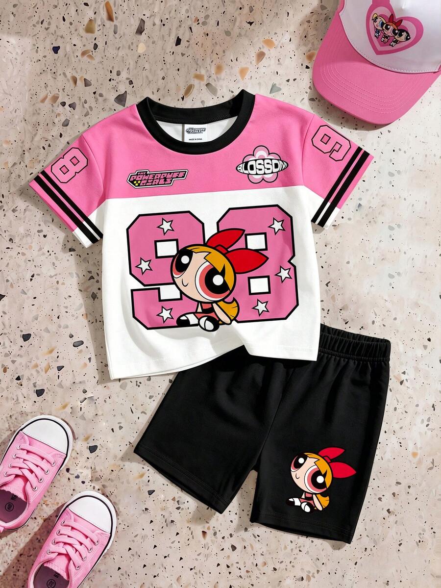 THE POWERPUFF GIRLS X SHEIN GraphicGems 女婴卡通数字印花圆领短袖T恤和短裤休闲日常套装 - 彩色 - 查看 1