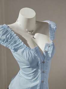 Elamini Women's Minimalist Sweet Fresh Ruffled Off Shoulder Petal Sleeve Blouse, Spring/Summer - Baby Blue - View 3