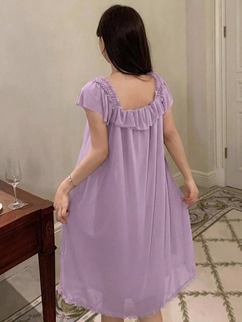 Sweet Lightweight Ruffle Mesh Short Dress Summer Outfit Women's Nightgown