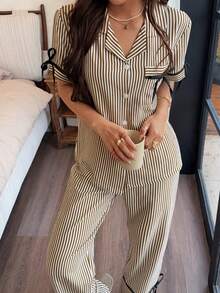 Dream Adore Artistic Retro Striped Lace-Up Loungewear Set, Classic Lapel Short Sleeve Long Pants Set - Multicolor - View 4