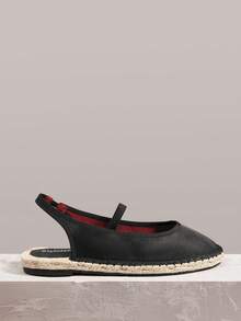 Styleloop Black Satin Back Strap Round Toe Straw Woven Flat Slouchy Shoes, Breathable And Comfortable Shoes - Black - View 3