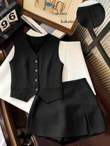 Franclia Women's Solid Color Elegant Office Commute Suit Set - Black - View 1
