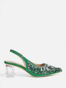 CUCCOO TILAWA Women's Crystal And Glass Rhinestone Pointed Green High-Heeled Shoes, Suitable For Going Out, Banquets, Parties And Other Activities - Green - View 2
