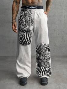 AXEPEAK Pantalones de chándal casuales para hombre con estampado de cebra & leopardo y cintura con cordón - Gris - Ver 3