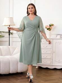 Reflora Plus Size Elegant Party Solid Color Lace Patchwork Dress - Green - View 10