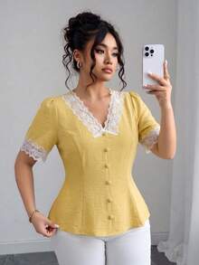 Elenzga Plus Size Contrast Color V-Neck Raglan Short Sleeve Lace Patchwork Front Button Shirt, Summer - Yellow - View 4