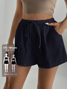 SHEIN Tall 純色打結前襟佛羅里達短褲 - 藏蓝色 - 查看 8