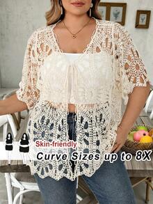 SHEIN CURVE+ Plus Size Women's Solid Color Tie-Front Casual Versatile Daily Outing Cardigan - White - View 1