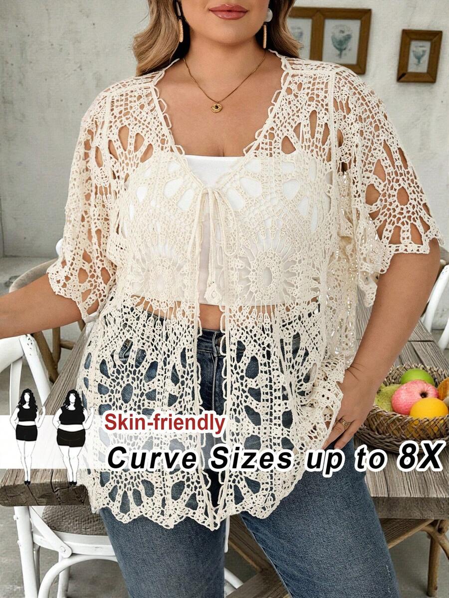 SHEIN CURVE+ Plus Size Women's Solid Color Tie-Front Casual Versatile Daily Outing Cardigan - White - View 1